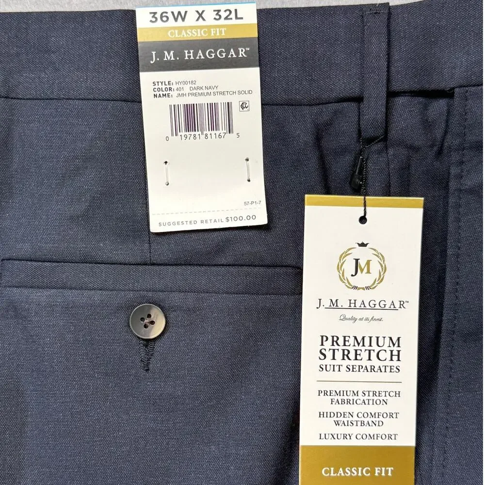 Haggar Men's Classic Fit Premium Stretch Suit Pants Navy 36x32 $100